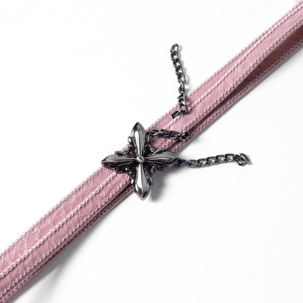 Pink Cross Blossom Leather Choker