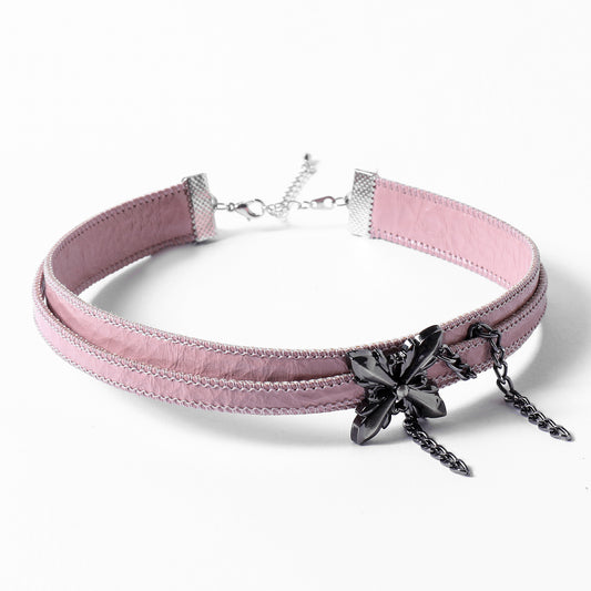 Pink Cross Blossom Leather Choker